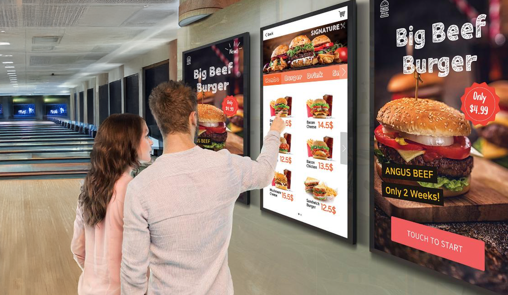 Cielo SmartSigns Woman Selecting Food at Bowling Alley